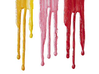 Three dripping streams of colored liquid, likely candy or paint, cascading downwards
