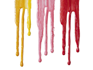 Three dripping streams of colored liquid, likely candy or paint, cascading downwards