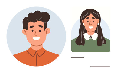 Smiling man in an orange shirt and woman in a green top with a white collar, in simple circular frames. Ideal for profiles, communication, teamwork, networking, social media, representation, simple