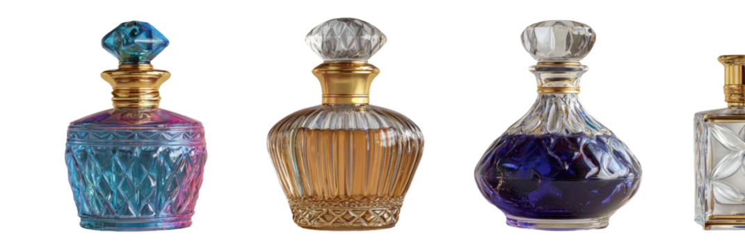 Four ornate glass perfume bottles in various colors