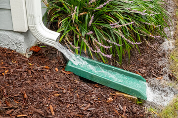 Water gushes from downspout on house during a heavy rainstorm
