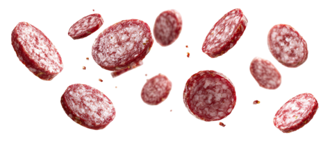 Sliced salami slices levitate on a black background