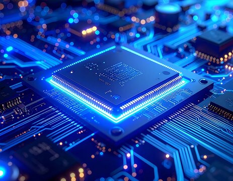 블루 라이트 반도체 칩 클로즈업 Closeup of Semiconductor Chip with Blue Light