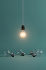 Minimalist conceptual image of a glowing light bulb hanging from wire surrounded by four unlit bulbs on teal background, symbolizing innovation, creativity, leadership, bright ideas