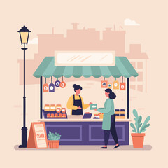 Local Market Scene Woman Purchasing Goods from a Vendor at an Outdoor Stall