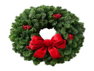 Festive Green Christmas Wreath with Red Berries and Bow Isolated on Transparent Background