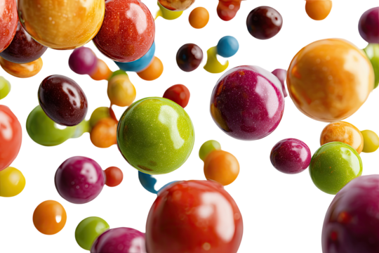 Vibrant, glossy, round candies in various colors, seemingly falling or floating against a dark background