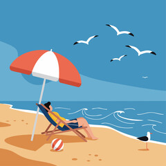 A serene beach scene depicts a person relaxing under an umbrella, with seagulls flying overhead and waves gently lapping the shore