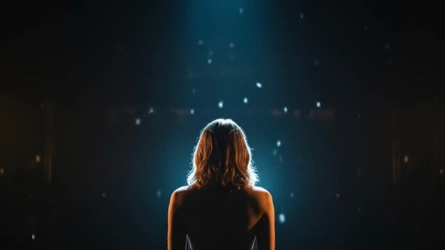 Woman standing in blue light facing forward