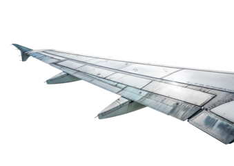 Close-up of an airplane wing, showing the leading edge, trailing edge, and wing panels.  The wing is light gray, and the surface shows some minor imperfections