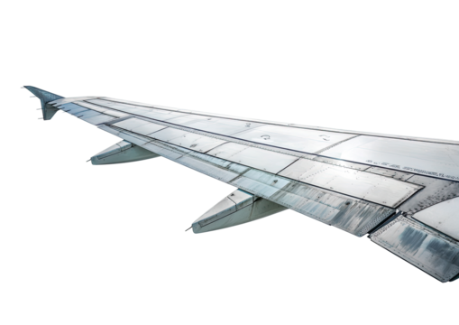 Close-up of an airplane wing, showing the leading edge, trailing edge, and wing panels.  The wing is light gray, and the surface shows some minor imperfections