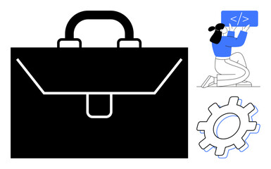 Large black briefcase, person writing code on a screen, and gear symbol. Ideal for business, coding, technology, innovation, career progression, work efficiency simple landing page