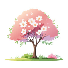 Isolated Vector Illustration of a Blooming Cherry Blossom Tree in Side View, Perfect for Landscape and Architecture Designs, Garden Elements, and Environmental Projects.