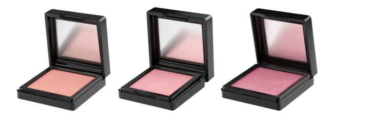 Three small, square, black compacts holding blush