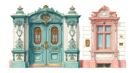 Elegant Vintage Doors and Facade with Ornate Details and Pastel Colors