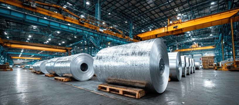 Large rolls of industrial metal sit in a warehouse, cranes above, lighting, and a concrete floor - Powered by Adobe