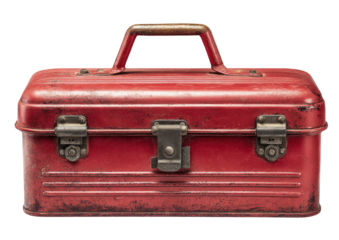 A vintage, slightly weathered, red metal toolbox