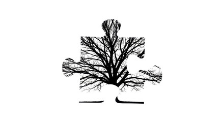Puzzle piece filled with a silhouetted tree against a white background, symbolizing connection or environmental awareness.