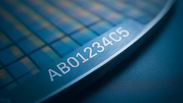 Semiconductor wafer industry production with identification code etched surface, microchip pattern detail, and serial number for advanced technology