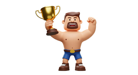 3d faceless stickman character holding golden trophy with arms raised isolated on white background, symbol of victory, reward, and celebration.  

