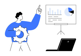 Person holding a gear points to a board displaying analytics with graphs and pie chart beside a laptop. Ideal for teamwork, planning, strategy, business, technology, productivity, innovation. Simple