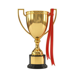 Golden Trophy with Red Ribbon: Achieving Victory, Success, and Excellence with Transparent Background