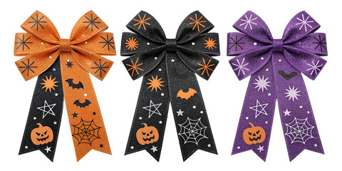 Halloween glitter ribbons PNG set &ndash; orange, black and purple sparkling bows, spooky festive decorations, isolated transparent background