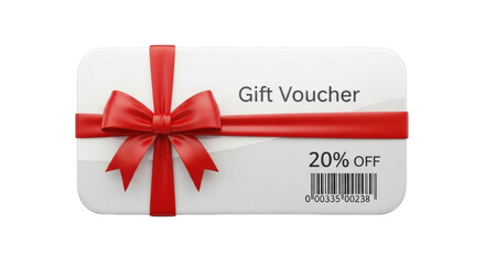 A white gift voucher with a red ribbon and bow, offering a 20% discount.