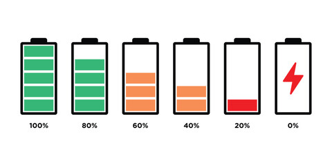 Battery Level Icon Set. Full to Empty Vector, Battery Charge Vector. Power Levels from 100% to 0%