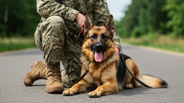 Military dog training on asphalt road