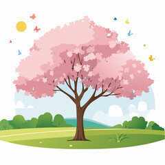 Vector watercolor of blooming Sakura tree side view isolated on white background for landscape and architecture drawing, elements for environment and .