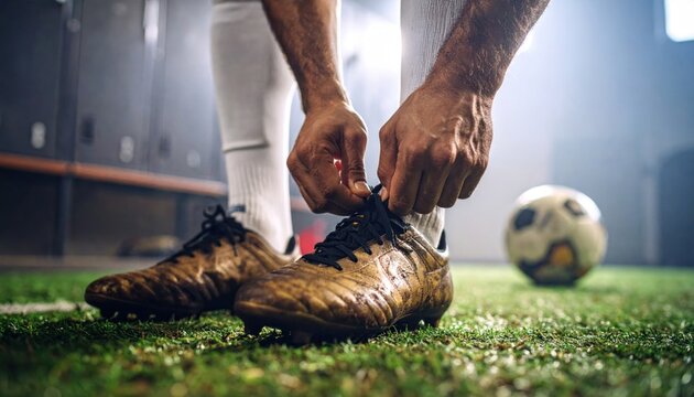 Soccer player tying shoes