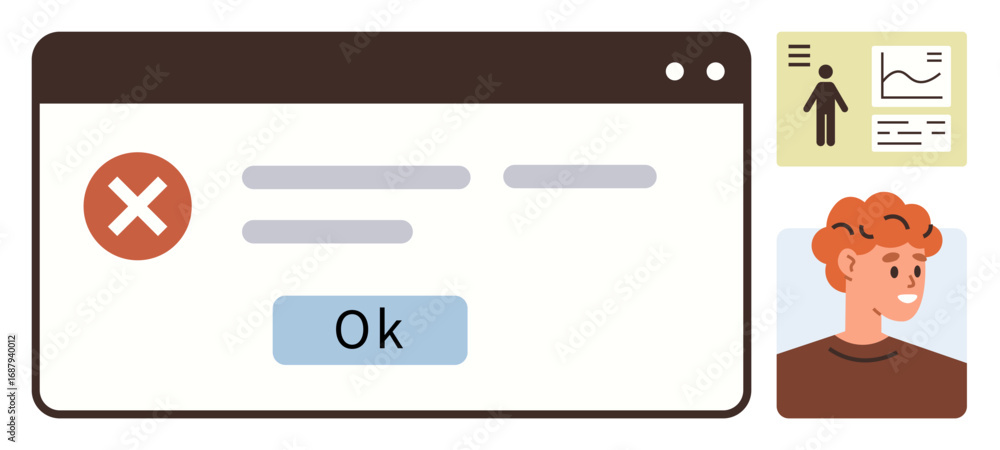 Fototapete window with a cancel symbol, round ok button, user avatar, and data chart visuals. ideal for user in