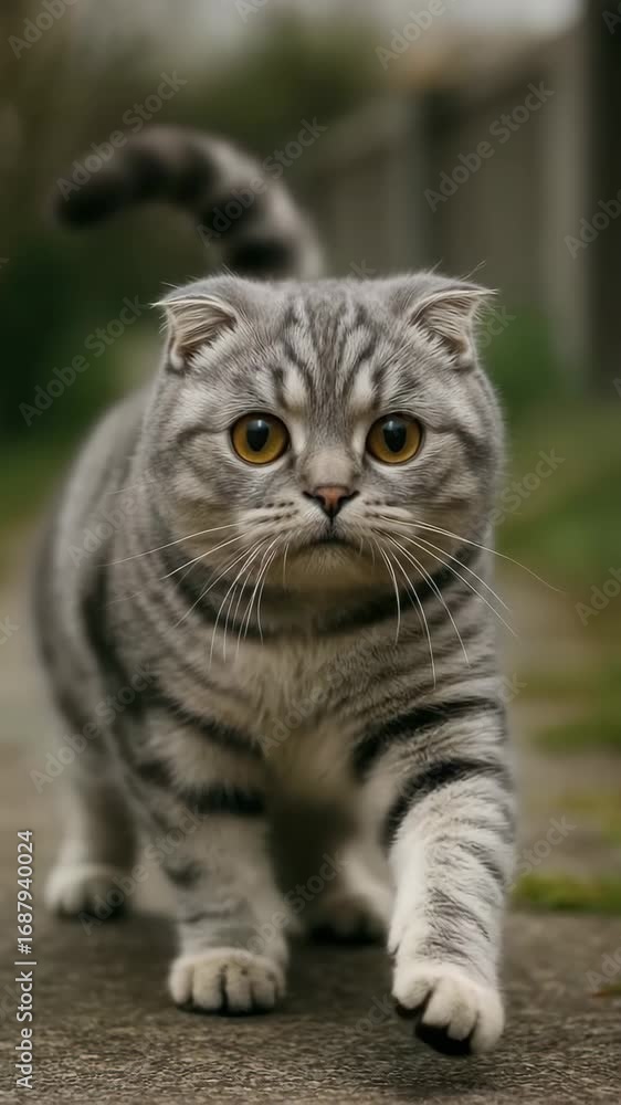 Poster close-up video frame of a gray tabby cat walking confidently on a path. eye-level angle captures its