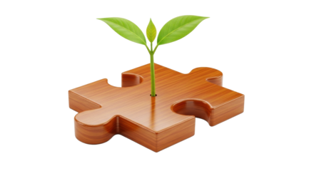 A young plant sprout emerges from a wooden jigsaw puzzle piece, symbolizing growth and connection.