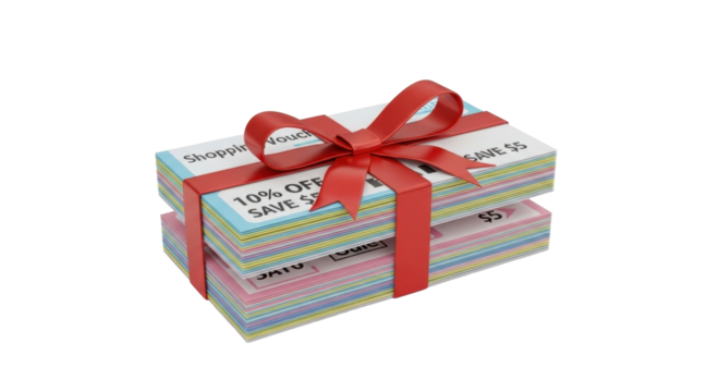 A stack of colorful discount coupons tied with a festive red ribbon, presented as a gift.