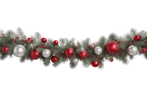 Festive garland of pine boughs, red and white ornaments