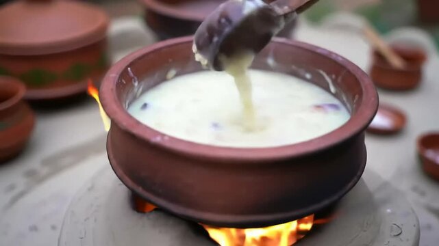 Traditional Indian Chhath puja ceremony with clay pot of milk on fire