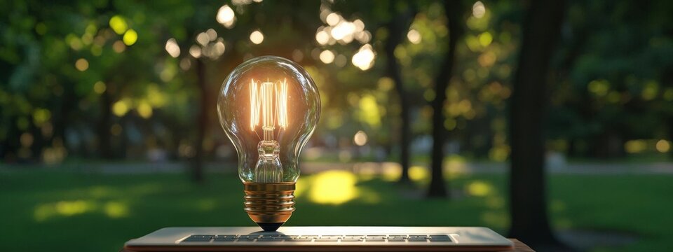 Bright Idea Sits On Laptop, Reflecting Nature And Technology Concept, Brainstorming Concept