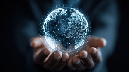 Dark hands cradle a glowing, pixelated globe. Light emanates from the sphere, suggesting technology, connection, and digital representation. Deep blue background