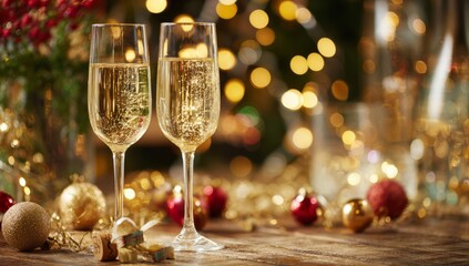 Elegant Champagne Flutes Filled with Sparkling Wine on Festive Holiday Table
