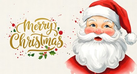 A christmas card with santa claus and merry christmas text with red and green paint splatters design