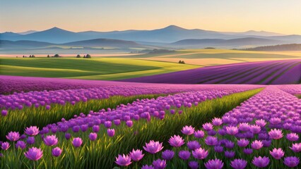 Obraz premium Vibrant purple lavender fields stretch towards misty mountains under a golden sunrise sky