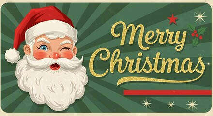 Vintage christmas card featuring winking santa claus with merry christmas text on a green background