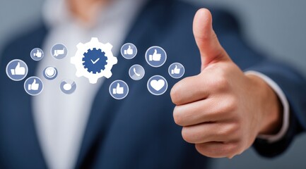 A hand gives a thumbs-up with blue cogwheels and various like/heart icons floating around it on a light grey background