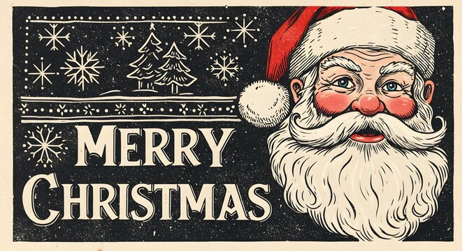 Vintage merry christmas card with santa claus snowflakes and christmas trees on a black background design