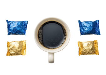 Overhead view of coffee cup and colorful wrapped treats