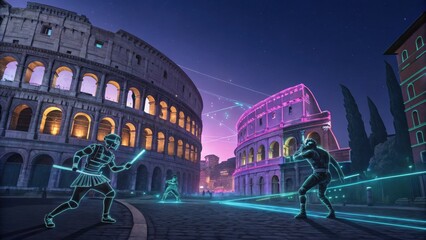 Futuristic gladiators battle beneath neon-lit Colosseum at twilight, blending ancient history with modern digital art