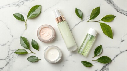 Elegant skincare products with fresh green leaves on marble, promoting natural beauty and wellness.