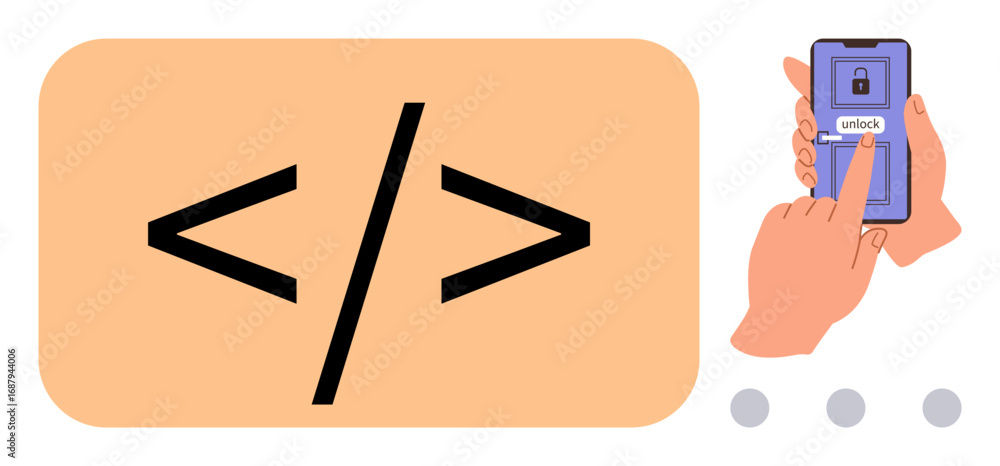 Poster coding symbols with hand unlocking a phone screen, representing technology, app security, and develo